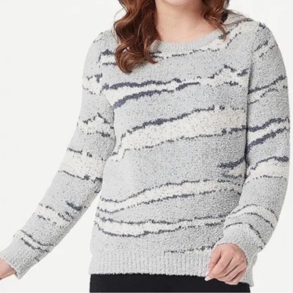 Barefoot Dreams CozyChic Seaside Crew Neck Sweater in Ocean Zebra Gray Sz Small
